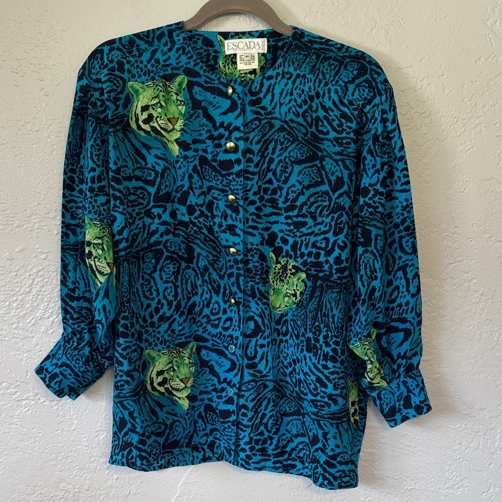 Vintage Designer Escada 100% Silk Leopard Print Button Front Blouse 40